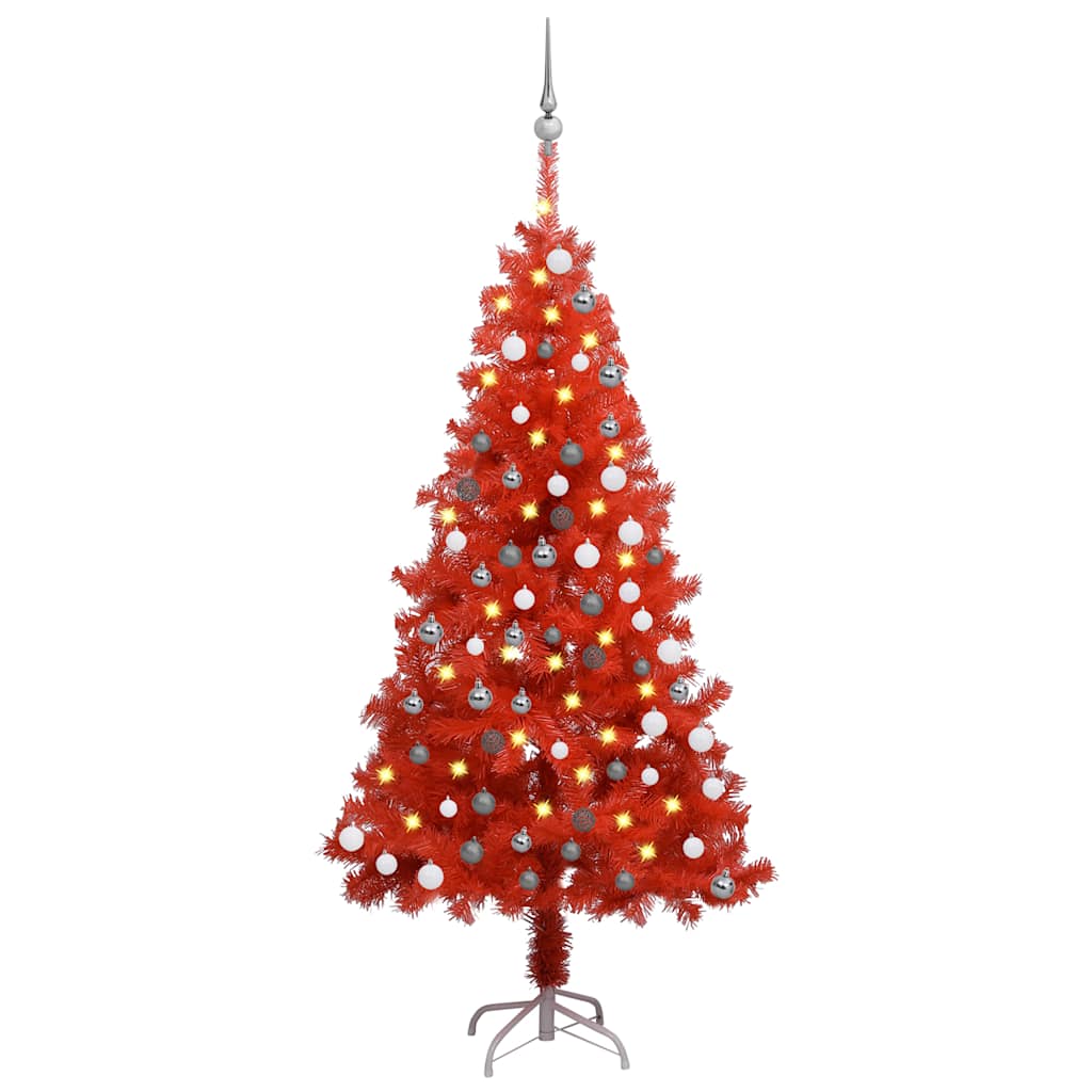 vidaXL Künstlicher Weihnachtsbaum Beleuchtung & Kugeln Rot 150 cm