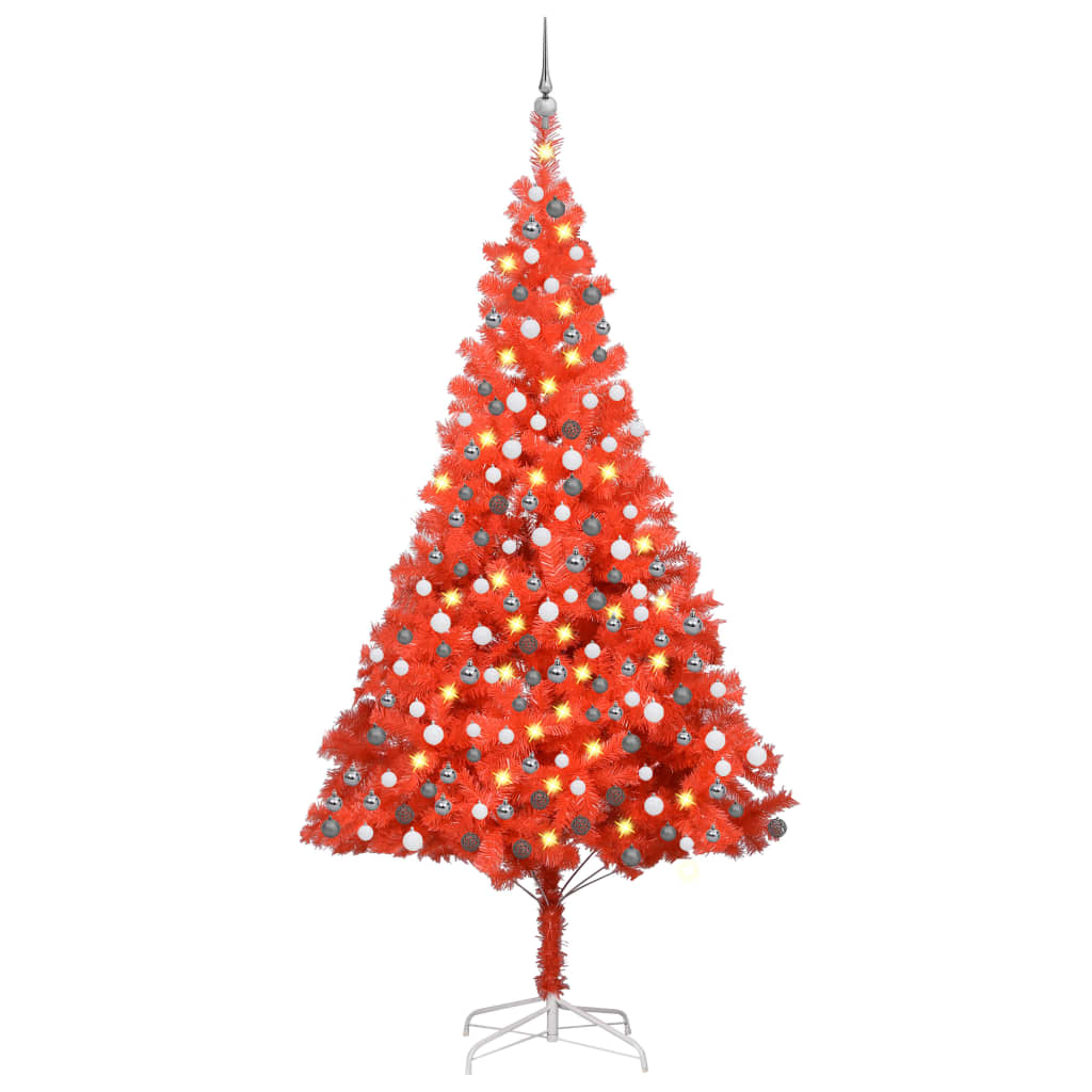 Umělý vánoční stromek s LED a sadou koulí červený 240 cm PVC