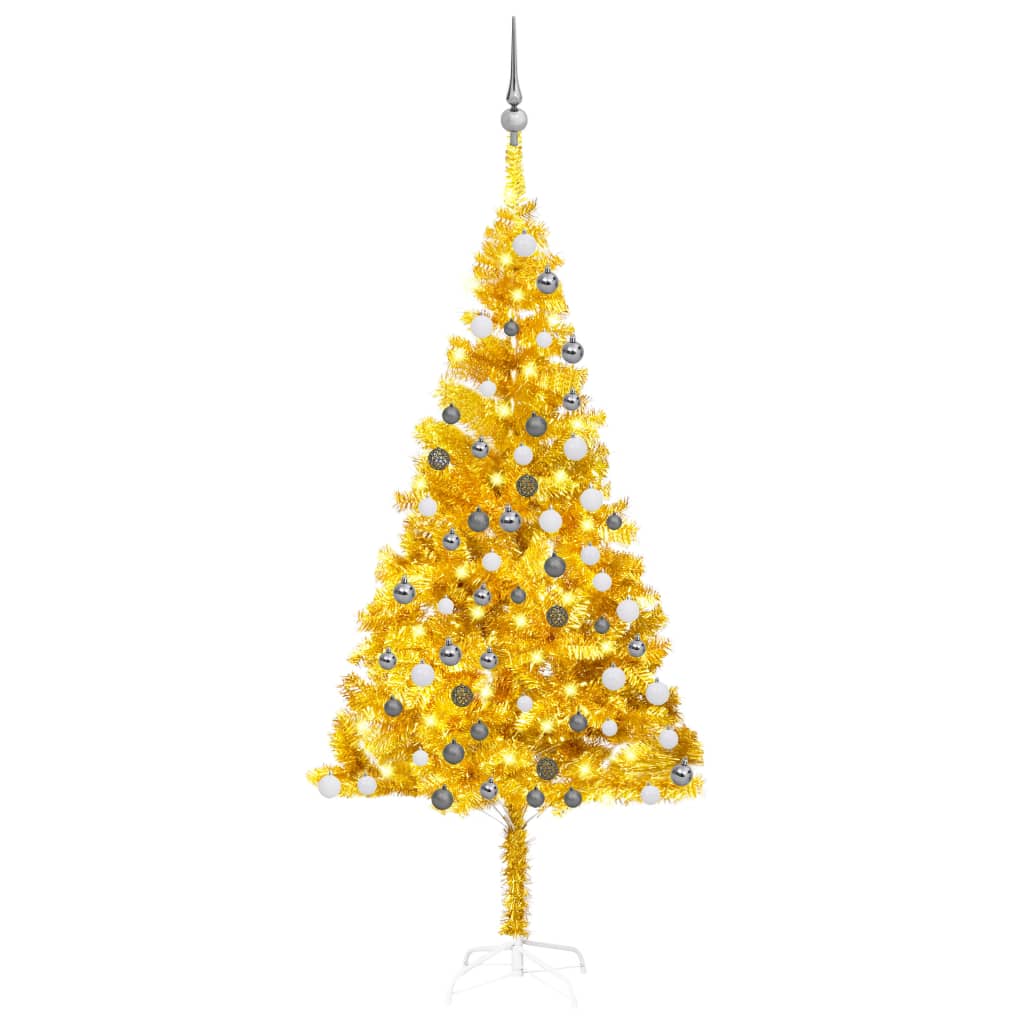 Árvore Natal artificial c/ luzes LED/bolas 180 cm PET dourado