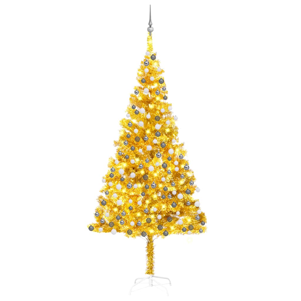 vidaXL Set brad de Crăciun artificial cu LED&globuri auriu 210 cm, PET