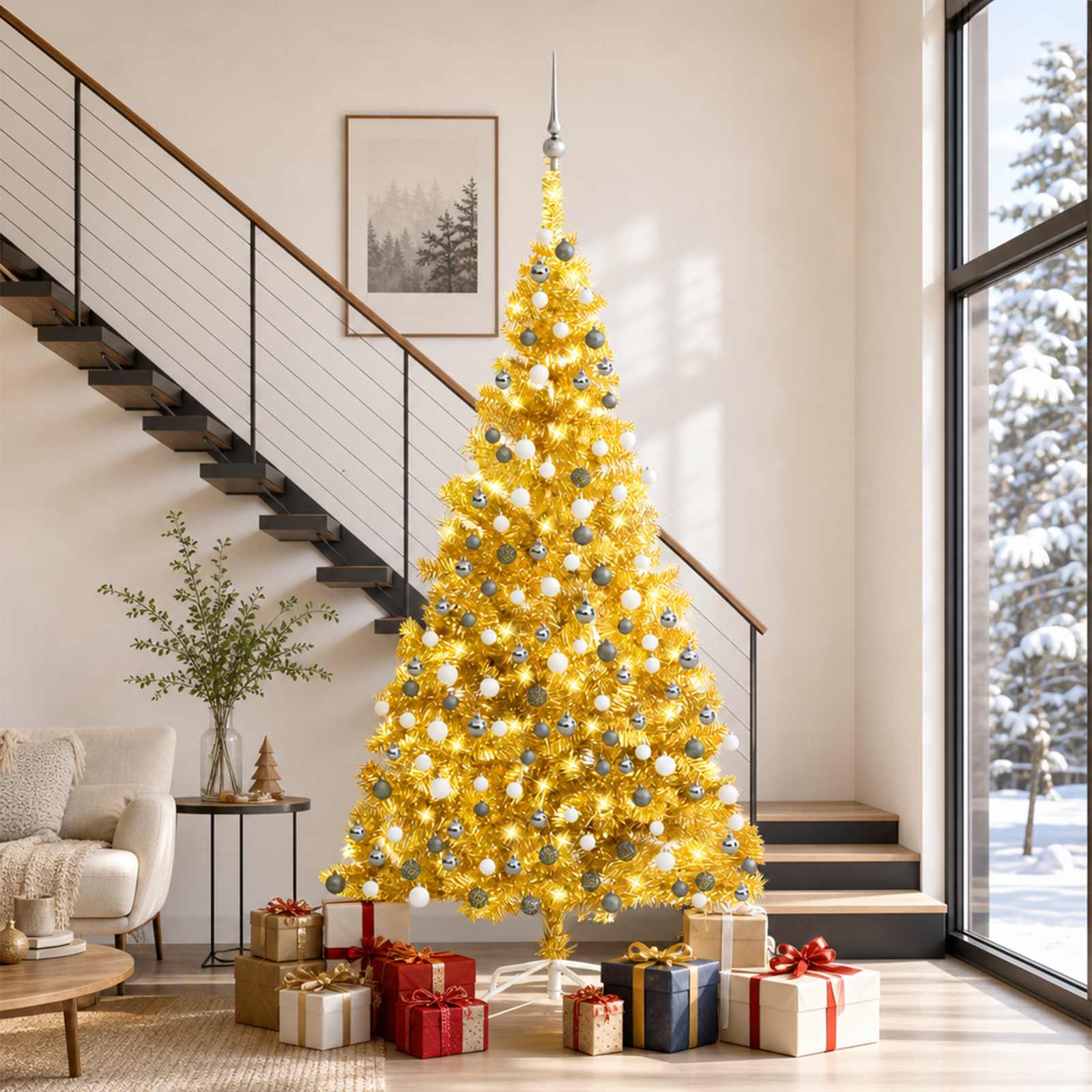 Umělý vánoční stromek s LED a sadou koulí zlatý 240 cm PET 3077693