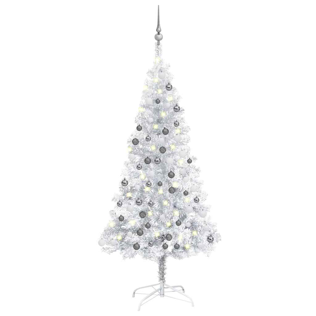 vidaXL Brad Crăciun pre-iluminat cu set globuri, argintiu, 120 cm, PET