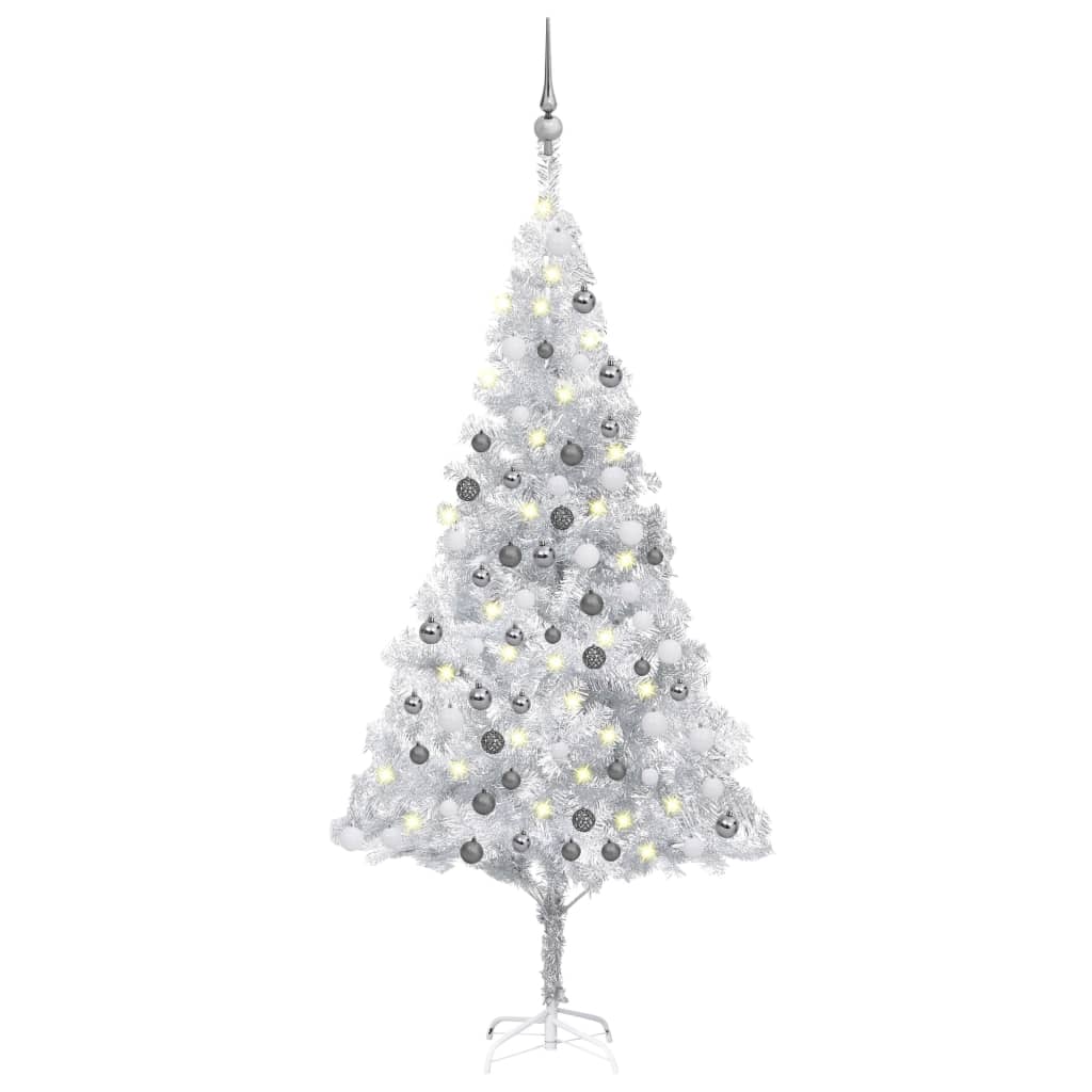 Künstlicher Weihnachtsbaum mit LEDs & Kugeln Silbern 180 cm PET kaufen