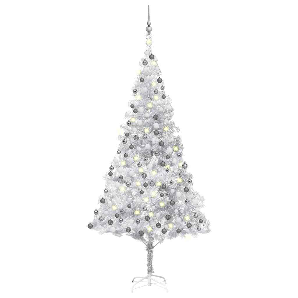 vidaXL Brad Crăciun pre-iluminat cu set globuri, argintiu, 210 cm, PET