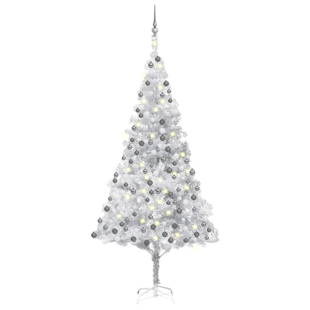 vidaXL kunstigt juletræ med lys og kuglesæt 240 cm PET sølvfarvet