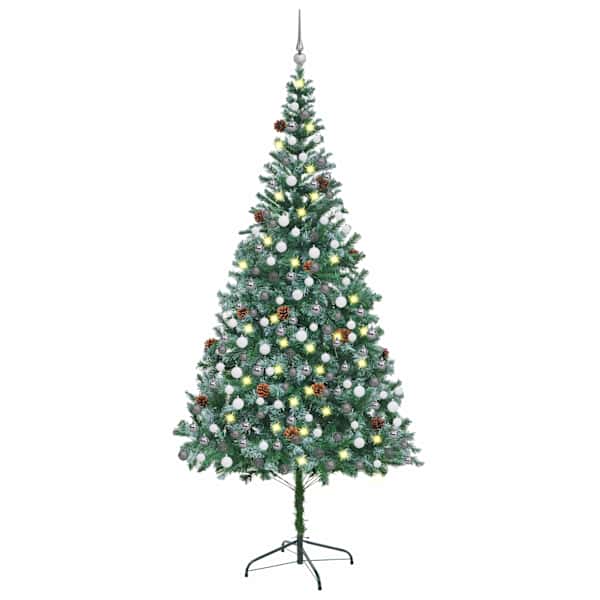 vidaXL h&auml;rmas valgustusega kunstkuusk kuulide ja k&auml;bidega 210 cm