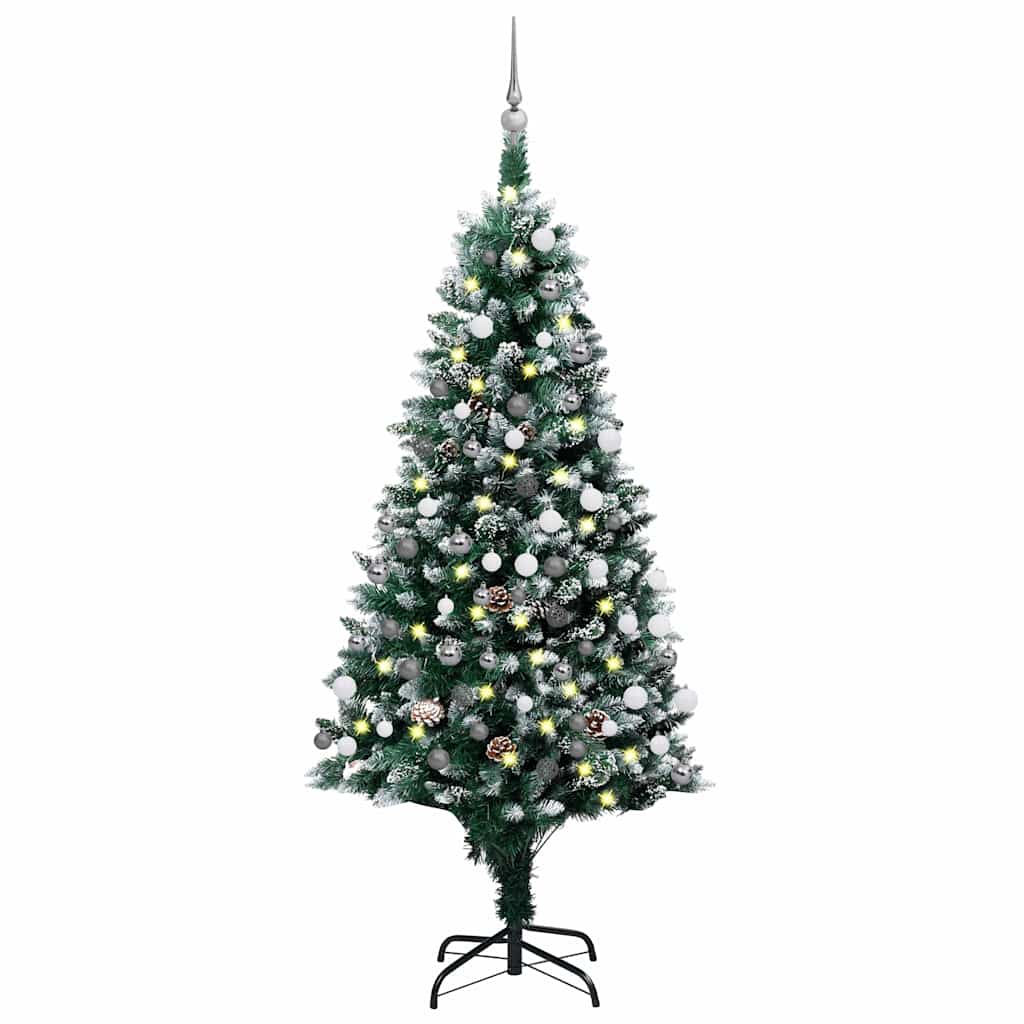 vidaXL kunstigt juletræ med LED og kuglesæt og fyrrekogler 150 cm