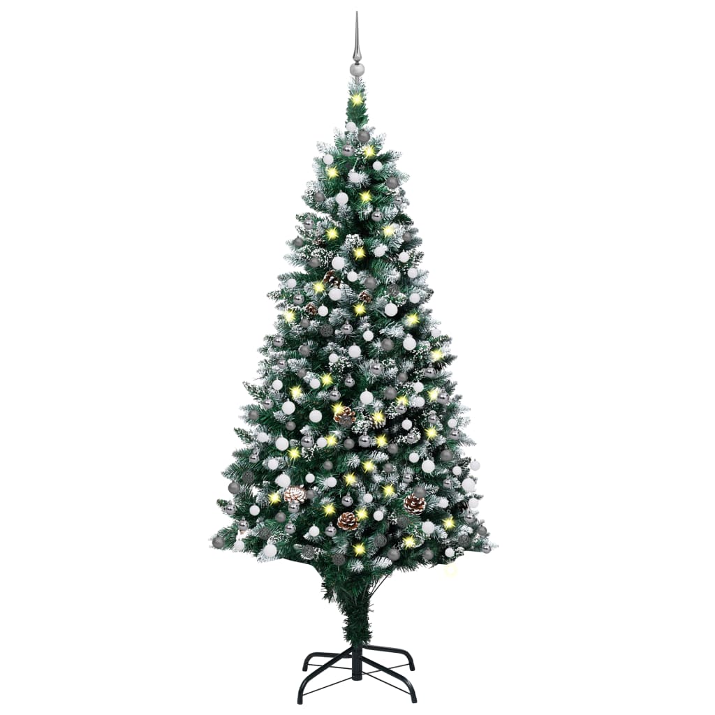 Umělý vánoční stromek s LED a sadou koulí a šiškami 210 cm