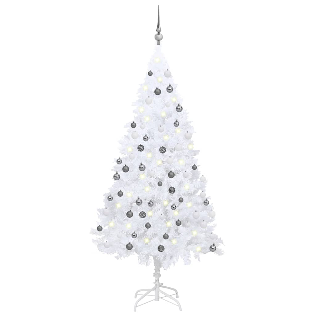 vidaXL Set brad de Crăciun artificial LED-uri/globuri alb 150 cm PVC 