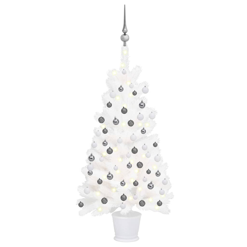 vidaXL Set brad de Crăciun artificial cu LED-uri/globuri, alb, 90 cm