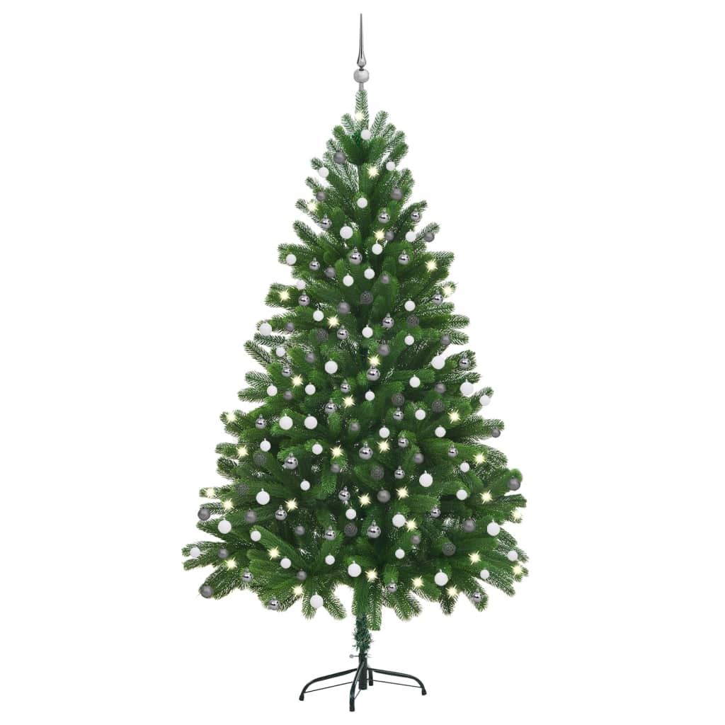 Umělý vánoční stromek s LED diodami a sadou koulí 210 cm zelený