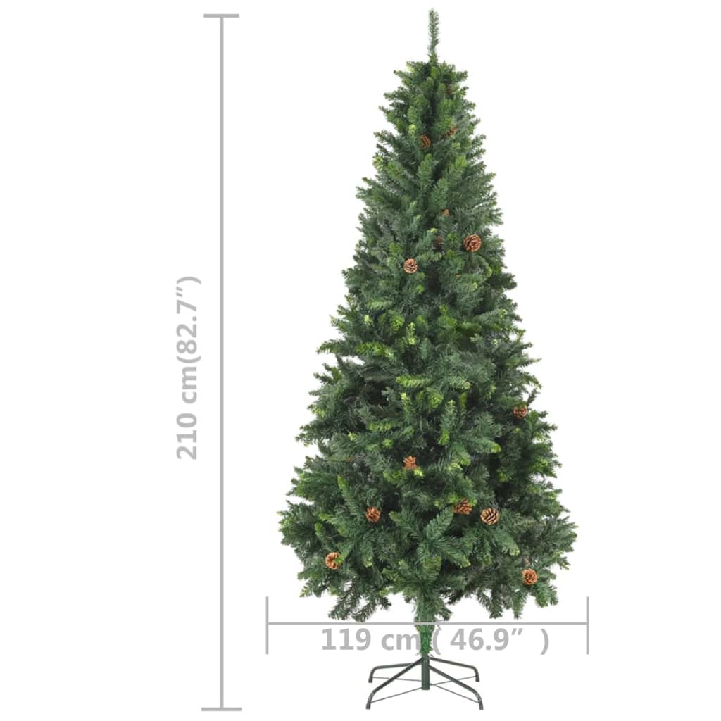Zöld megvilágított műkarácsonyfa gömb szettel/tobozzal 210 cm 
