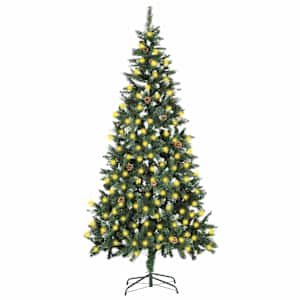 Umělý vánoční stromek s LED osvětlením a šiškami 210 cm