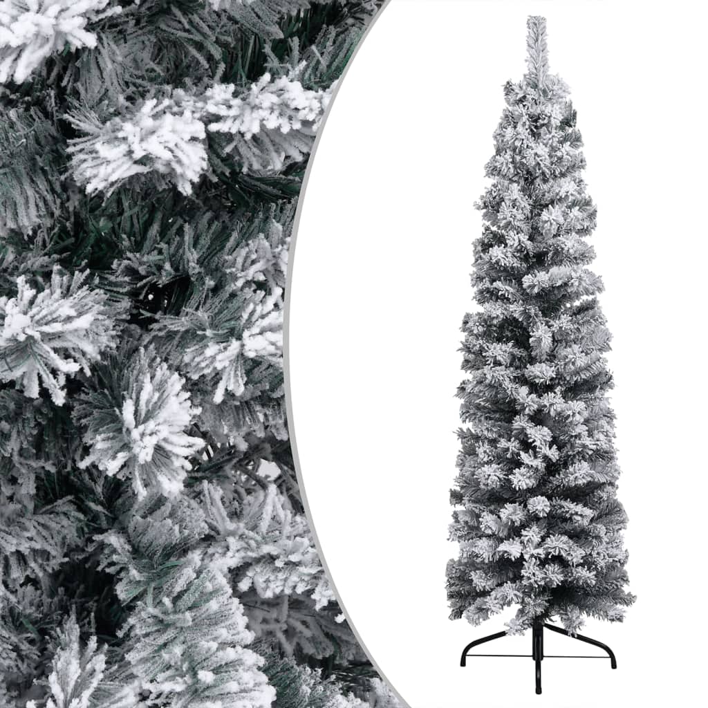 Kerstboom met LED's en sneeuwvlokken smal 150 cm PVC groen