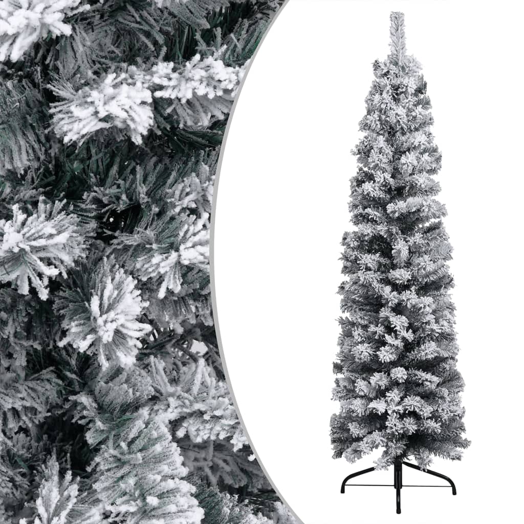 Kerstboom met LED's en sneeuwvlokken smal 210 cm PVC groen