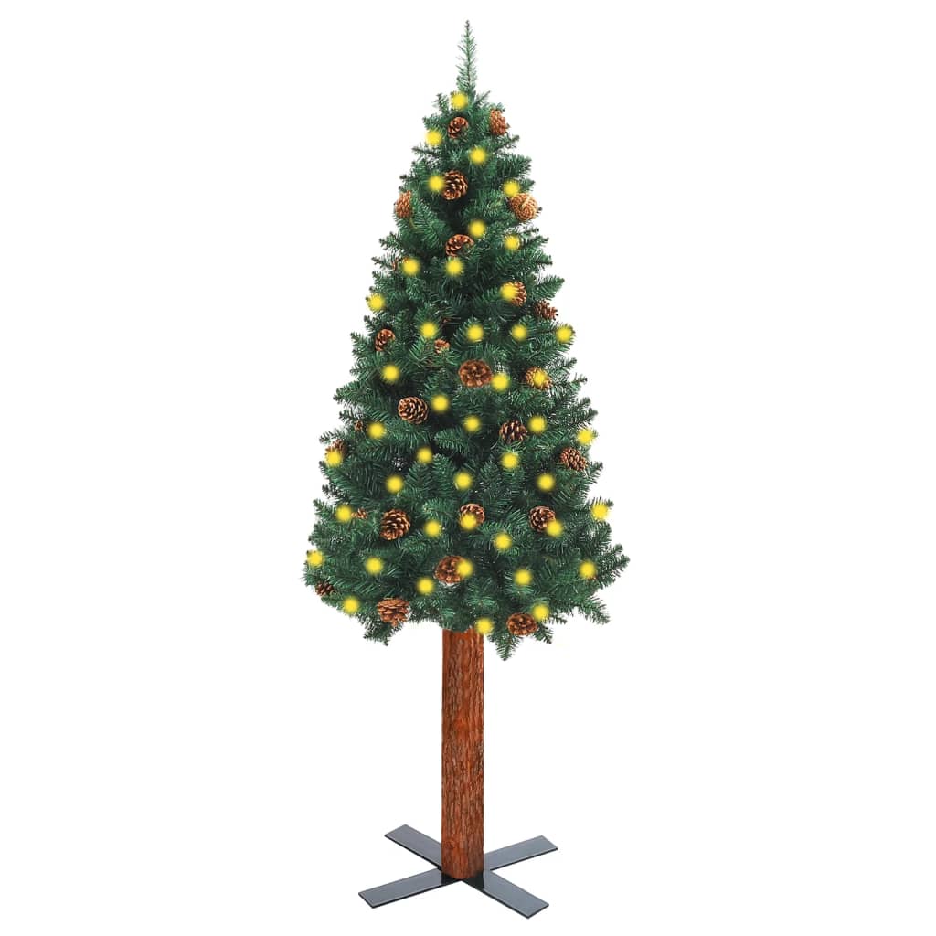 vidaXL Pom Crăciun subțire, LED-uri&lemn natural&conuri, verde, 150 cm