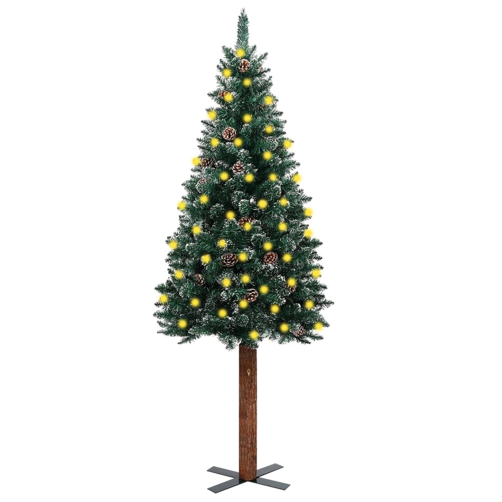 Úzký vánoční stromeček s LED pravé dřevo a sníh zelený 180 cm