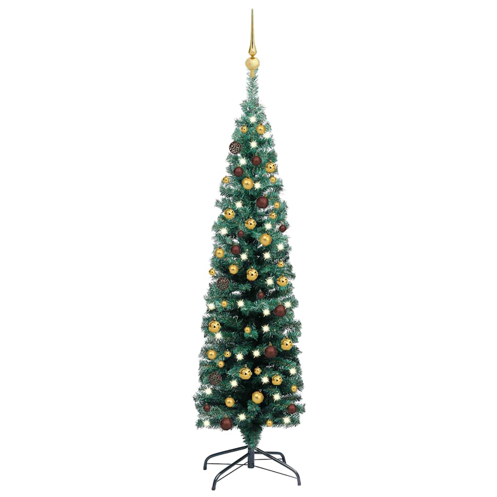 Sapin de Noël artificiel mince et LED et boules Vert 120 cm