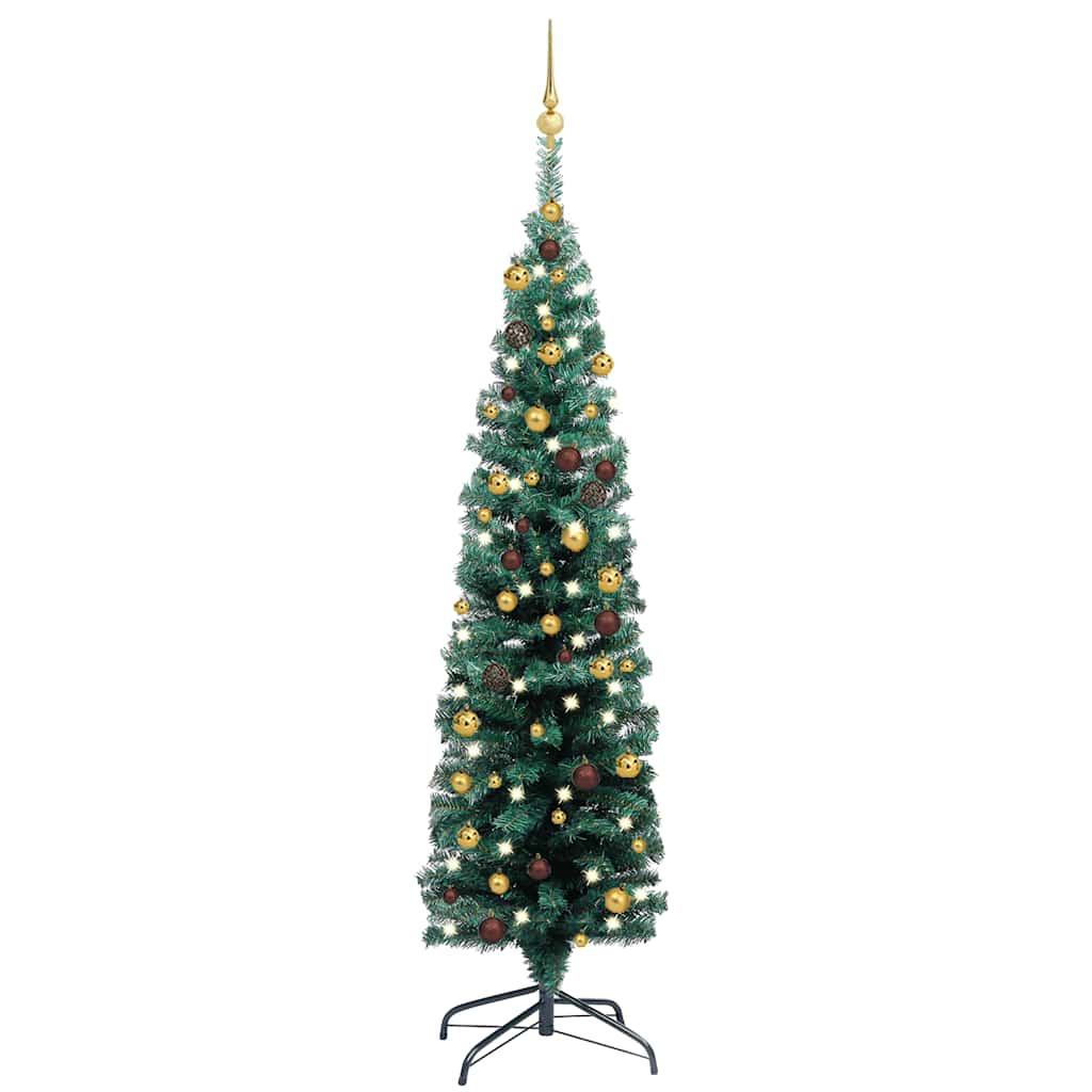 Sapin de Noël artificiel mince et LED et boules Vert 150 cm