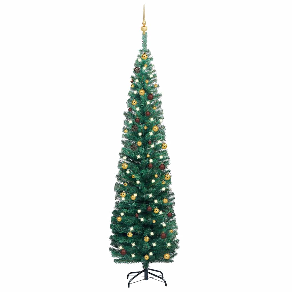 Arbre de Noël artificiel mince avec LED et boules Vert 210 cm