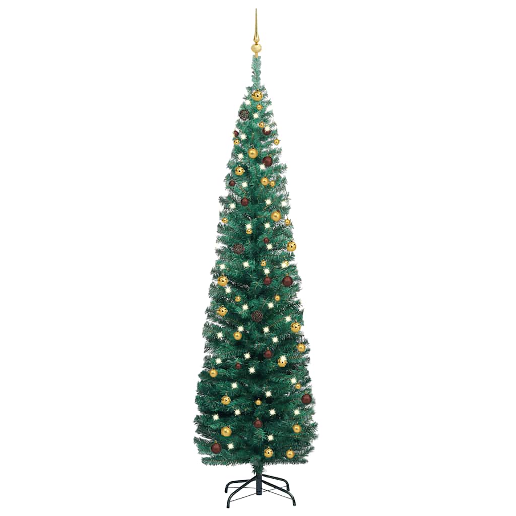 Sapin de Noël artificiel mince et LED et boules Vert 240 cm
