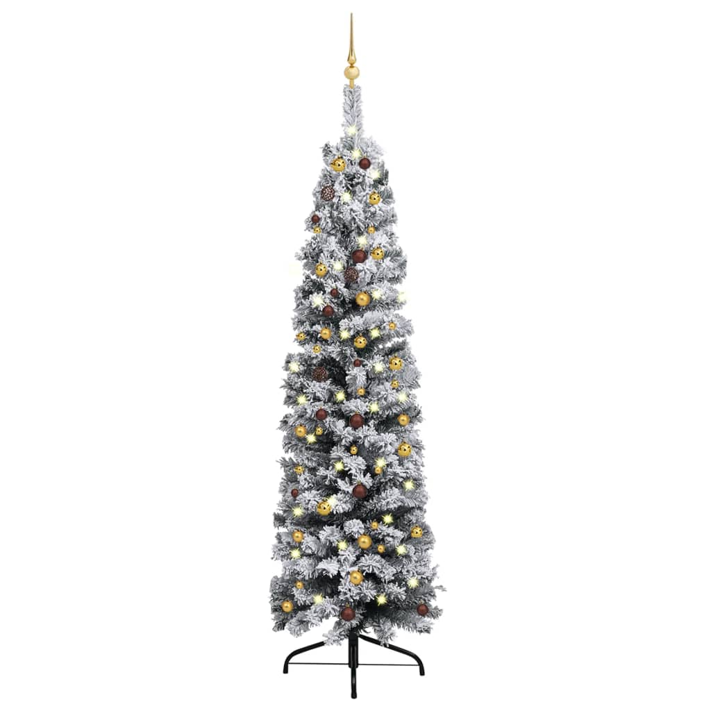 Úzký umělý vánoční stromek s LED a sadou koulí zelený 240 cm