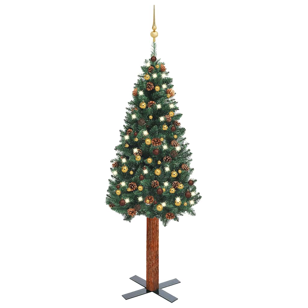 Sapin de Noël mince et LED et boules Vert 180 cm