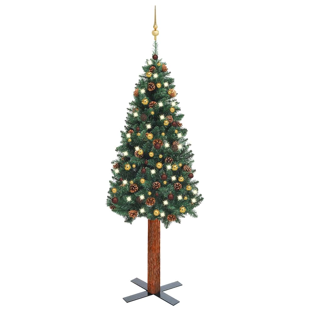 Sapin de Noël mince et LED et boules Vert 210 cm