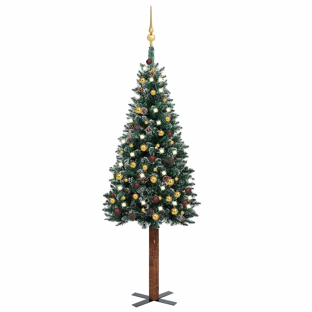 Sapin de Noël mince et LED et boules Vert 150 cm