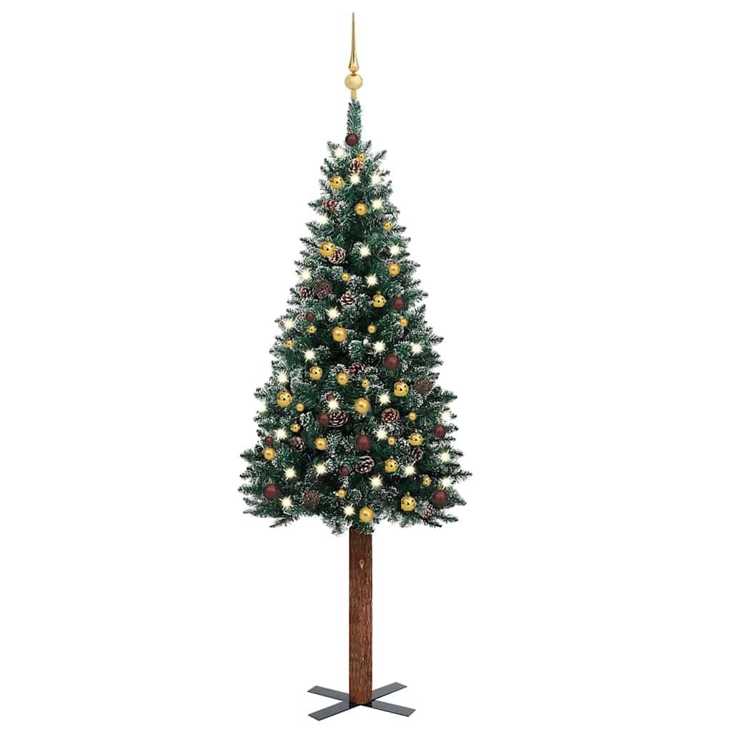 Sapin de Noël mince et LED et boules Vert 180 cm