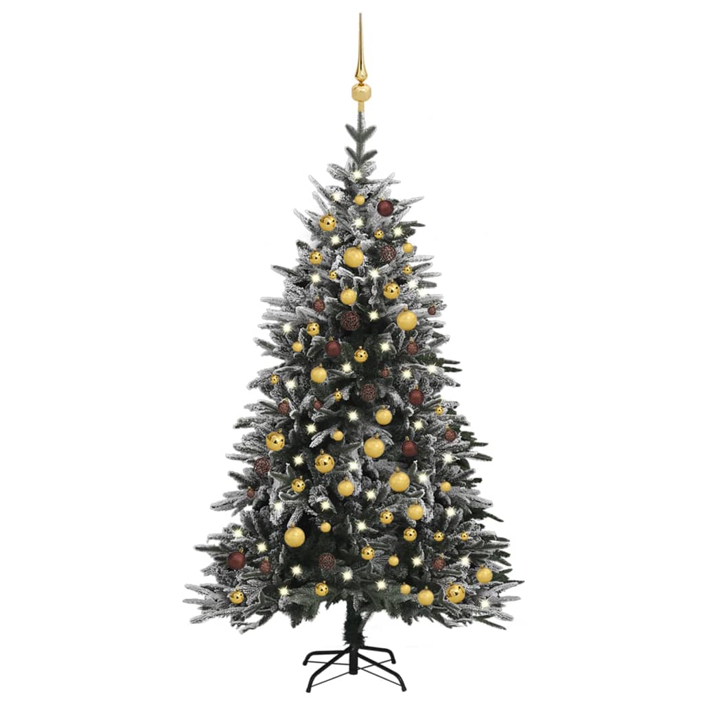 Umělý vánoční stromek LED a sada koulí zasněžený 180cm PVC a PE
