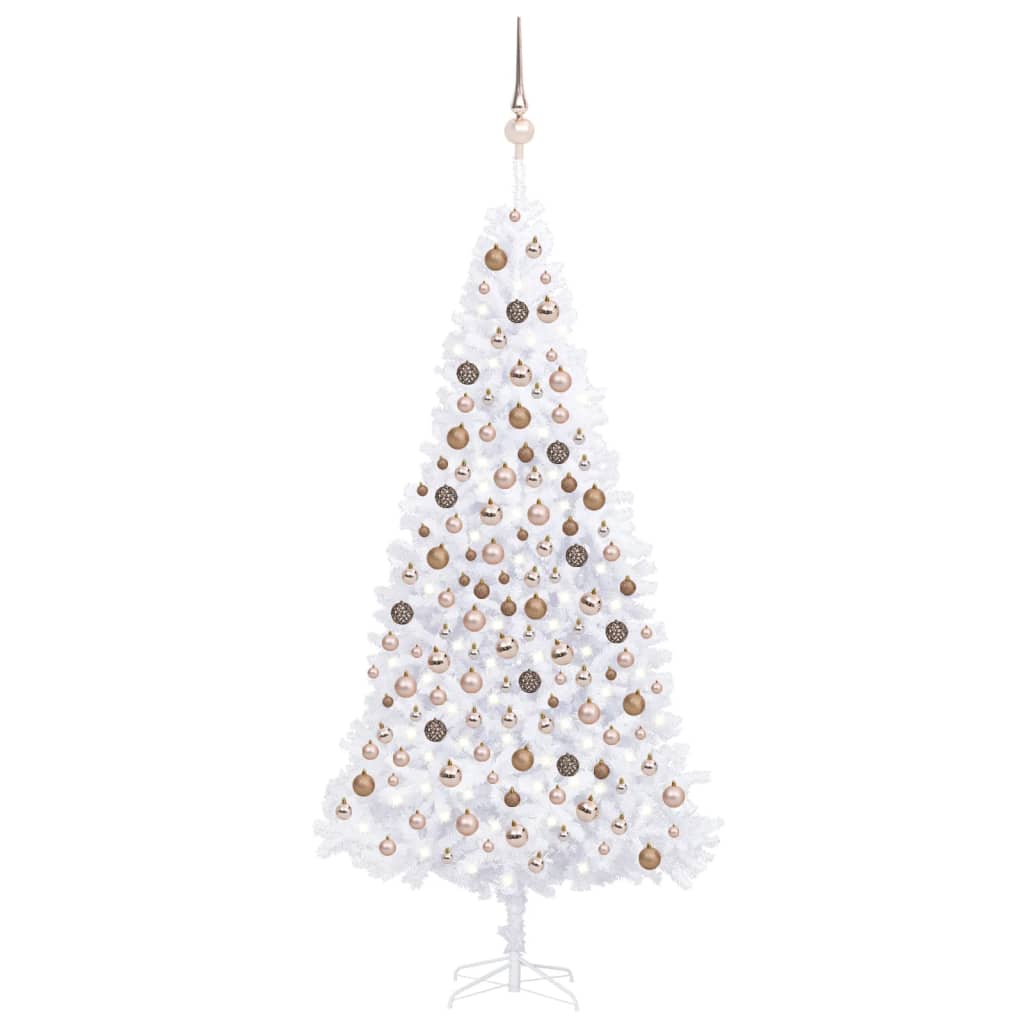 Umělý vánoční stromek s LED diodami a sadou koulí 300 cm bílý