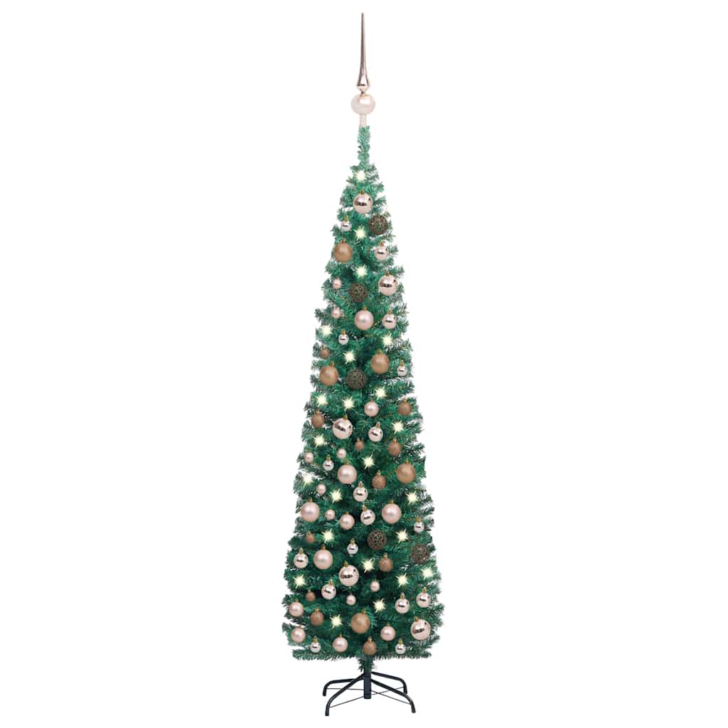 Arbre de Noël artificiel mince avec LED et boules Vert 210 cm