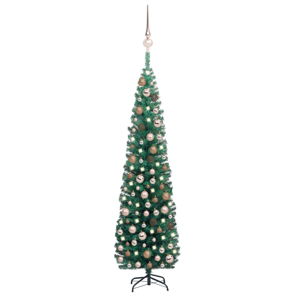 vidaXL Brad Crăciun artificial subțire LED-uri&globuri, verde, 240 cm vidaXL
