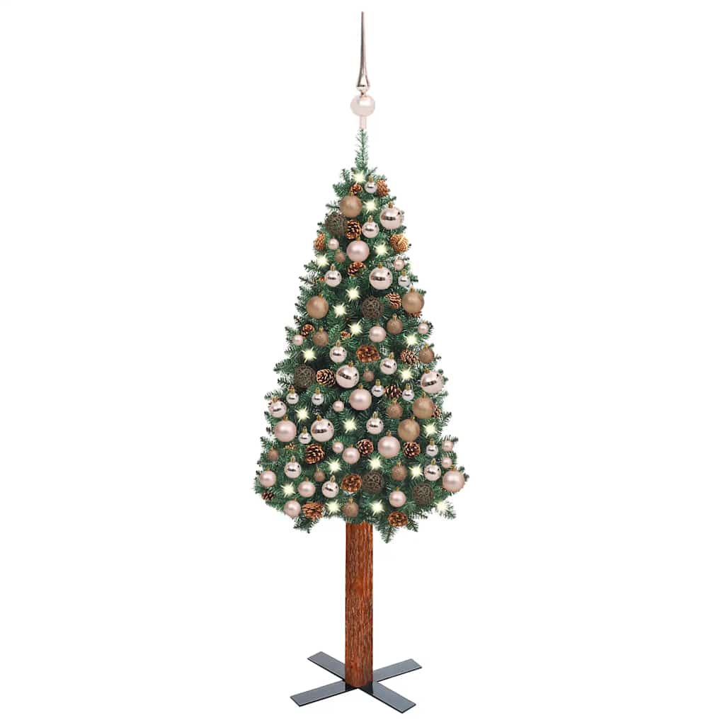 vidaXL Úzky osvetlený vianočný stromček s guľami, zelený 150 cm, PVC