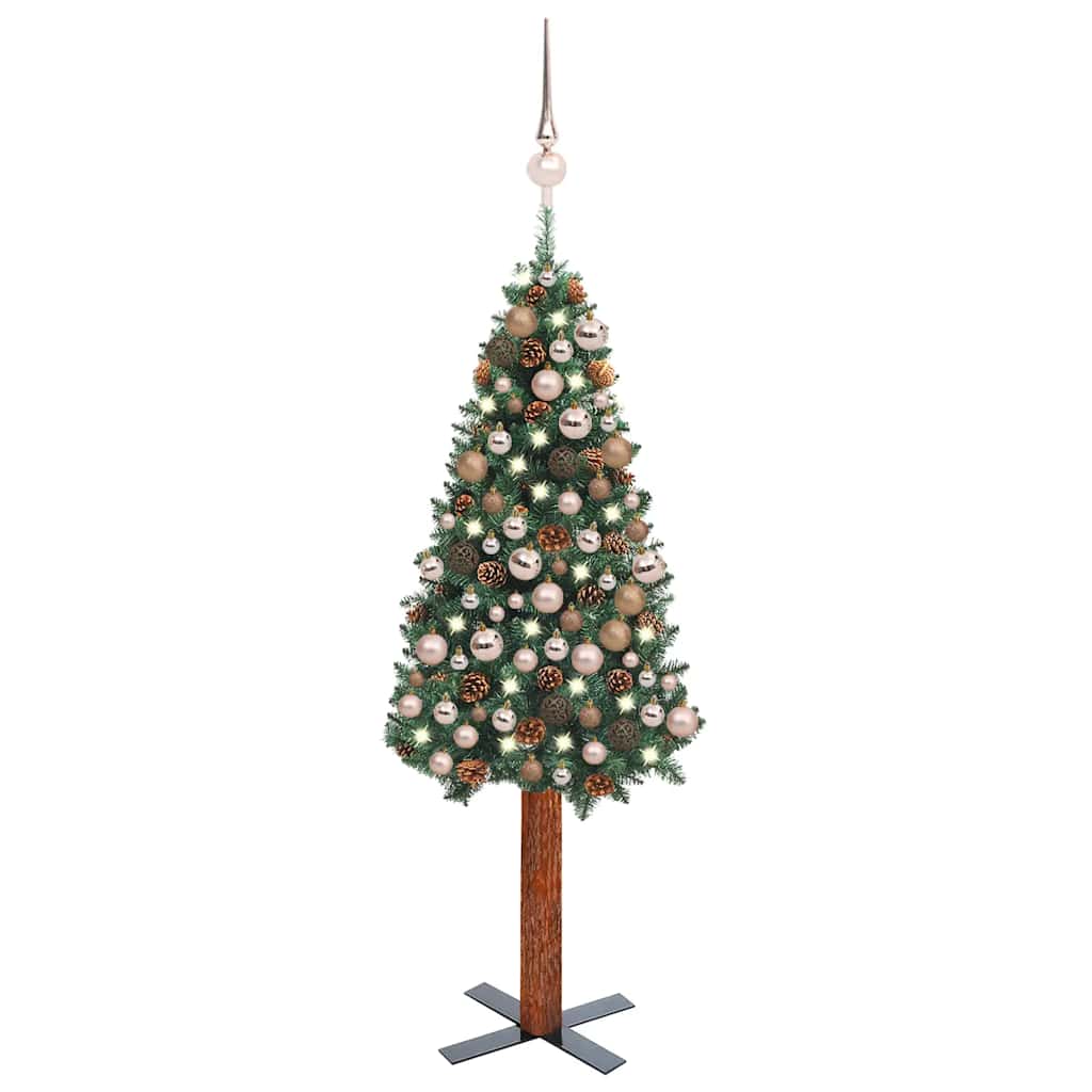 Arbre de Noël mince avec LED et boules Vert 180 cm PVC