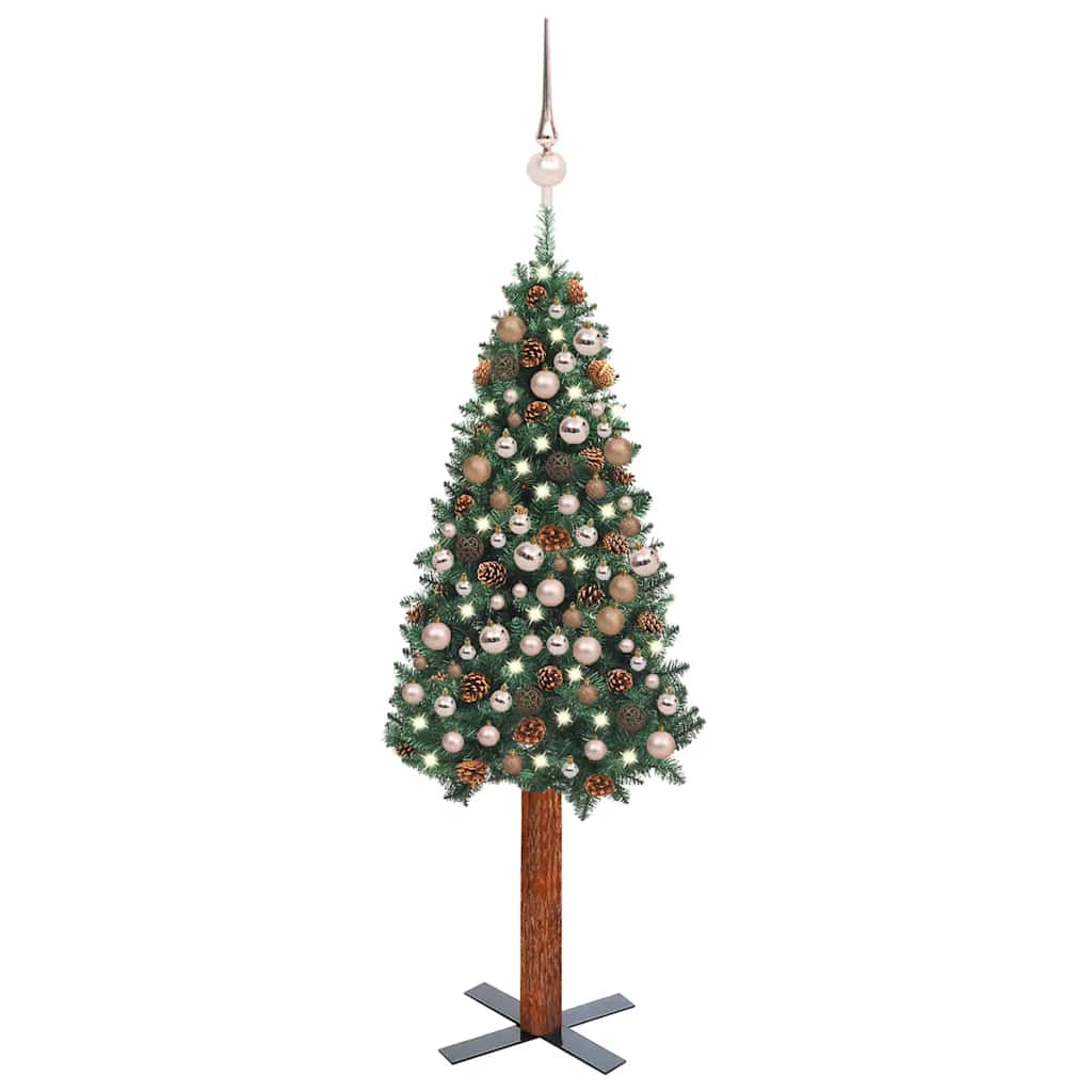 Arbre de Noël mince avec LED et boules Vert 210 cm PVC