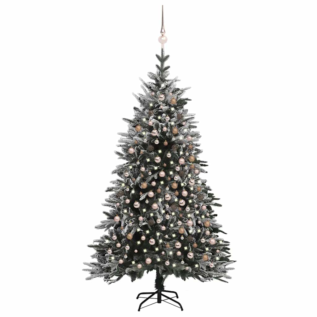 vidaXL Umelý vianočný stromček s LED, sadou gúľ a snehom 240cm PVC+PE