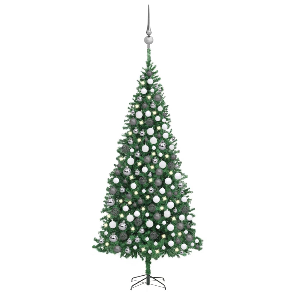 vidaXL Brad Crăciun pre-iluminat, set globuri/LEd-uri, verde, 300 cm