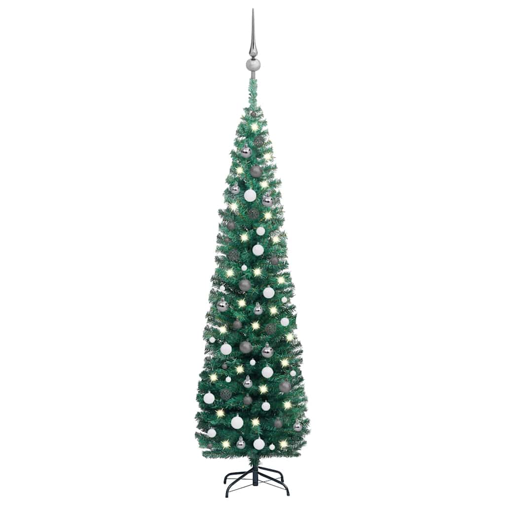 Arbre de Noël artificiel mince avec LED et boules Vert 210 cm