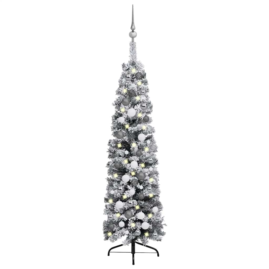 vidaXL Brad Crăciun artificial subțire LED&globuri&zăpadă verde 120 cm