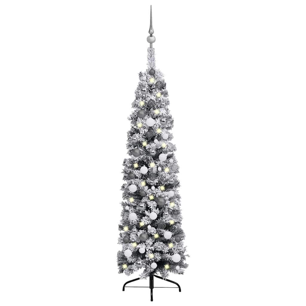 vidaXL Úzký umělý vánoční stromek s LED a sadou koulí zelený 150 cm