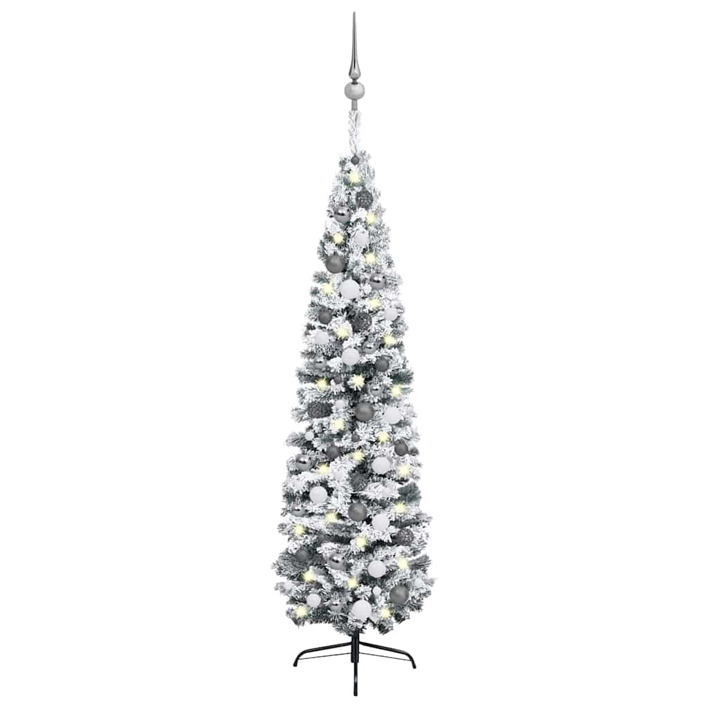 Sapin de Noël artificiel mince et LED et boules Vert 180 cm