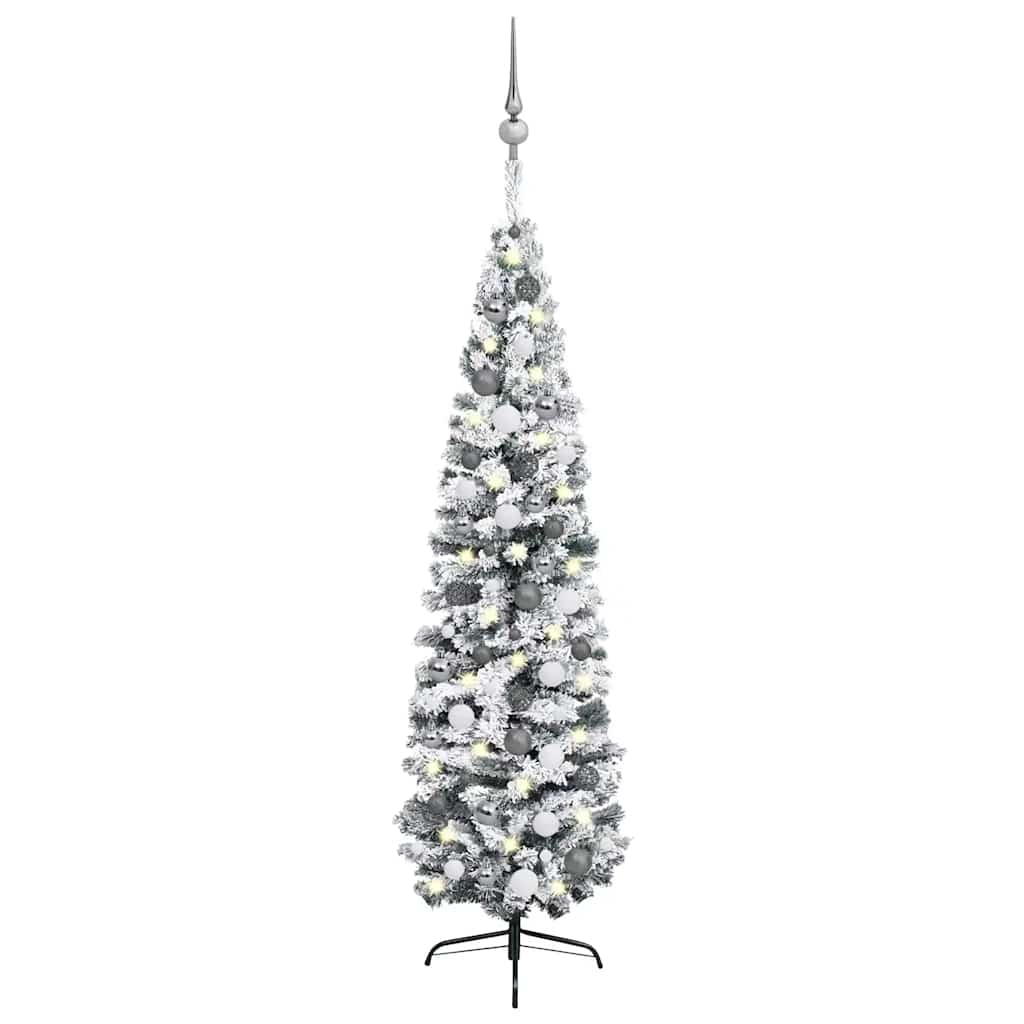 Sapin de Noël artificiel mince et LED et boules Vert 240 cm