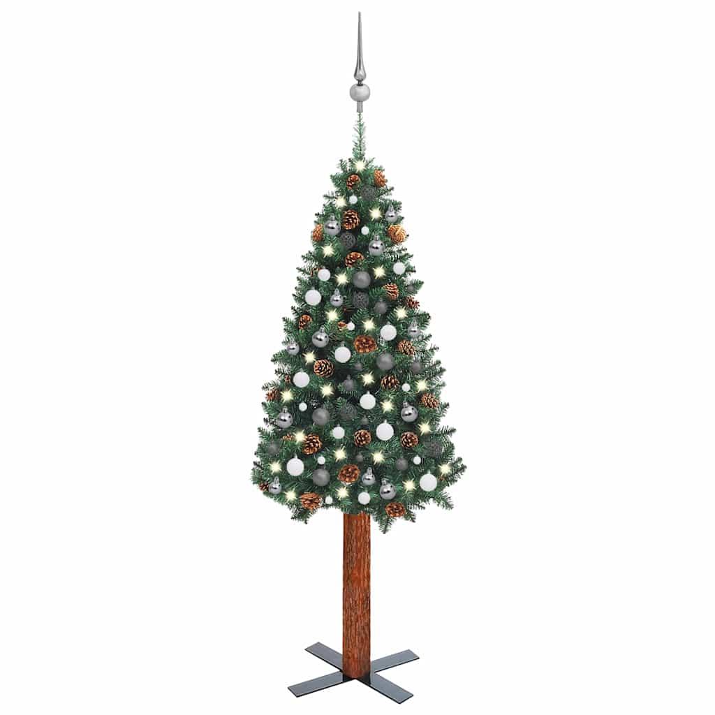 E-shop vidaXL Úzky osvetlený vianočný stromček s guľami, zelený 180 cm, PVC
