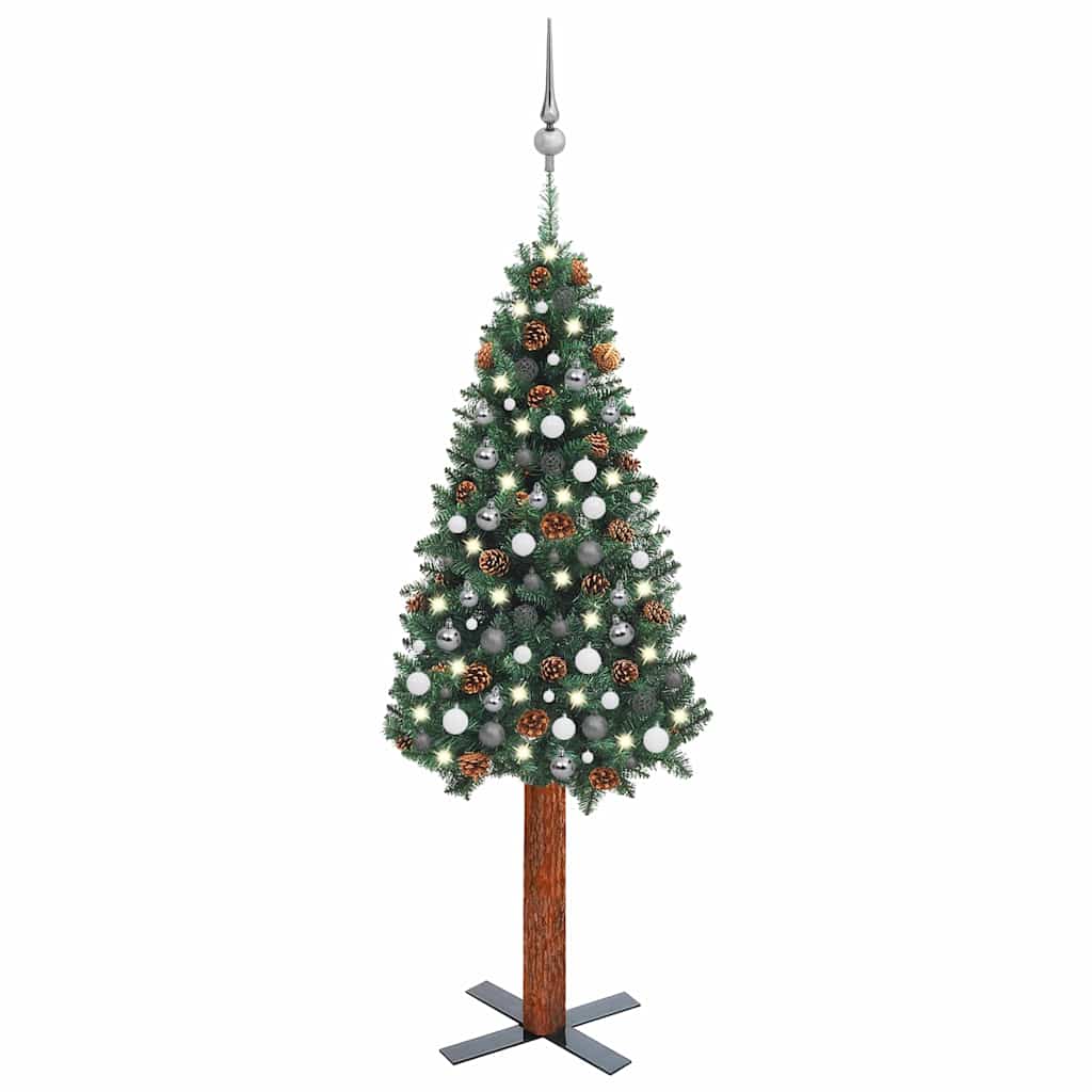 E-shop vidaXL Úzky osvetlený vianočný stromček s guľami, zelený 210 cm, PVC