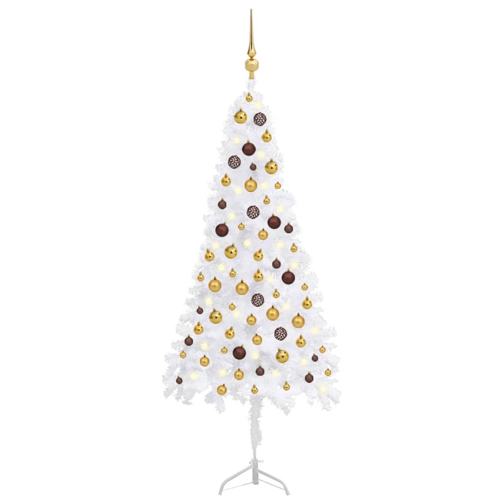 Künstlicher Eck-Weihnachtsbaum LEDs & Kugeln Weiß 150 cm PVC