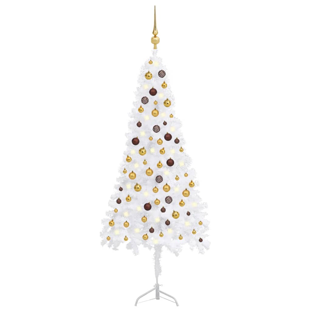 Künstlicher Eck-Weihnachtsbaum LEDs & Kugeln Weiß 180 cm PVC