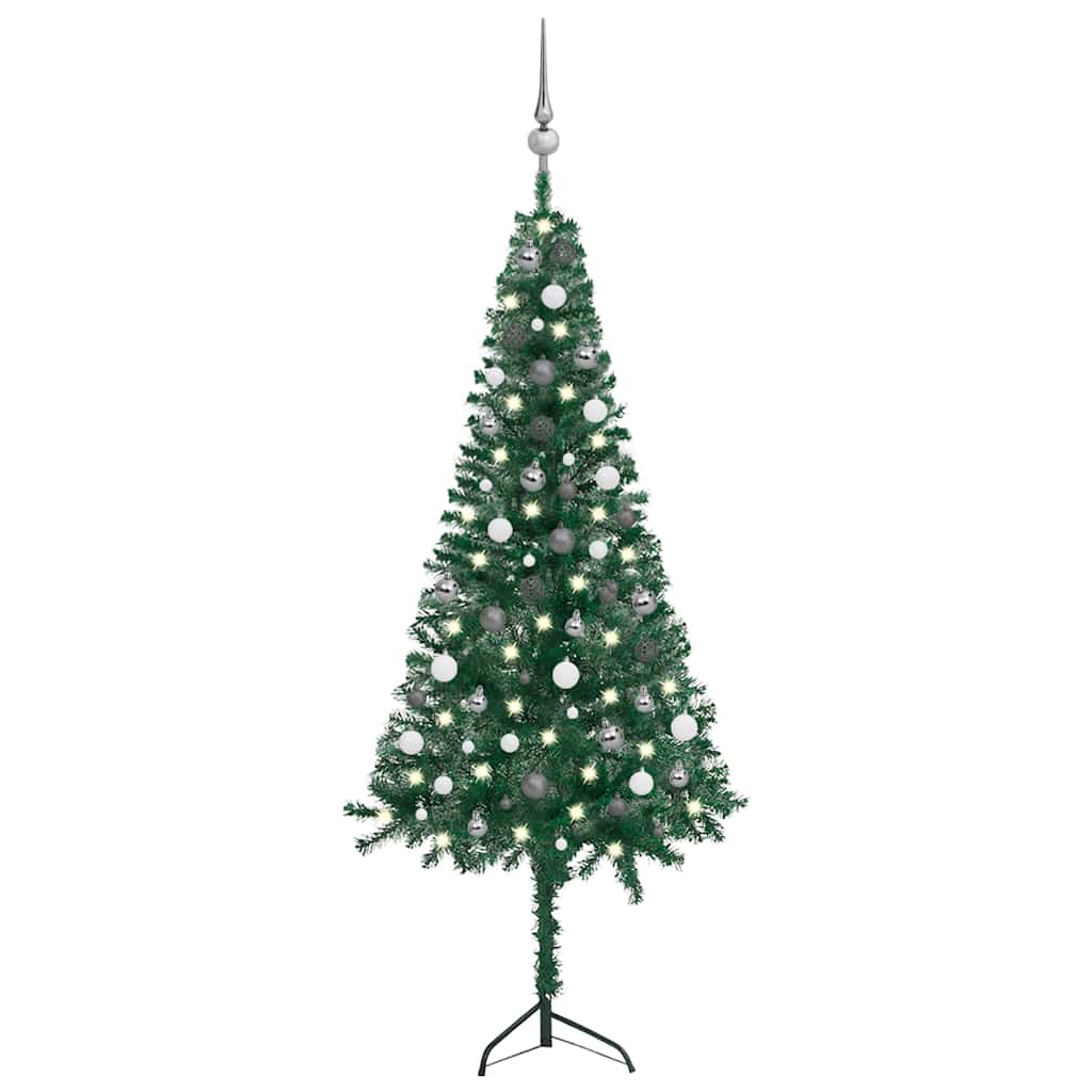 vidaXL Rohový umelý vianočný stromček s LED a guľami zelený 180 cm PVC
