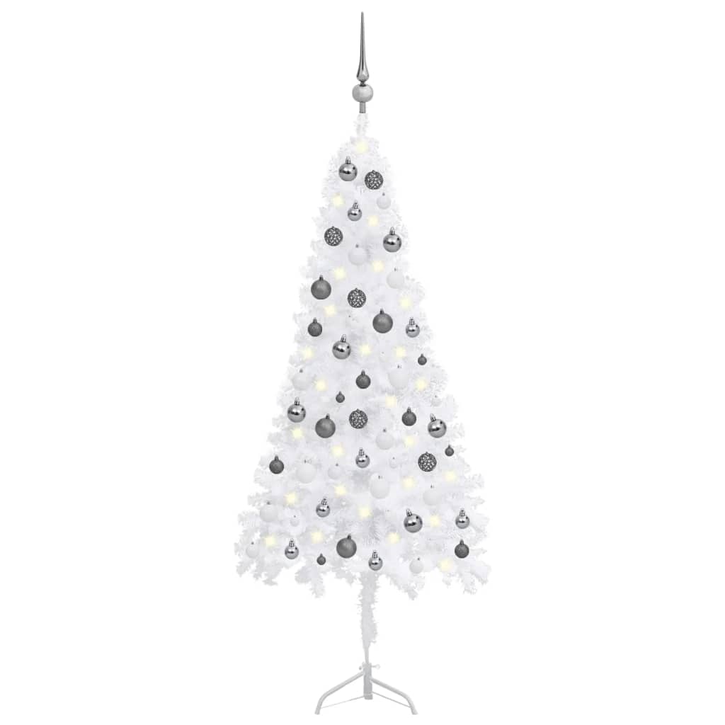 Künstlicher Eck-Weihnachtsbaum LEDs & Kugeln Weiß 150 cm PVC